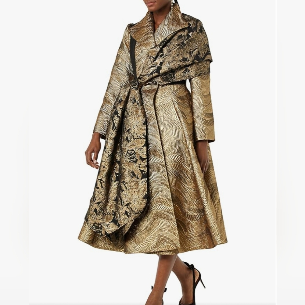 MAKING THE CUT Women Standard Metallic Jaquard Gold Coat & Scarf (Size XXL) NEW - Picture 4 of 5